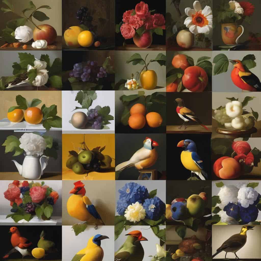 Φωτογραφία με φρούτα, λουλούδια και πουλιά, εκφράζοντας τη σχέση καλλιτέχνη και δημιουργίας.