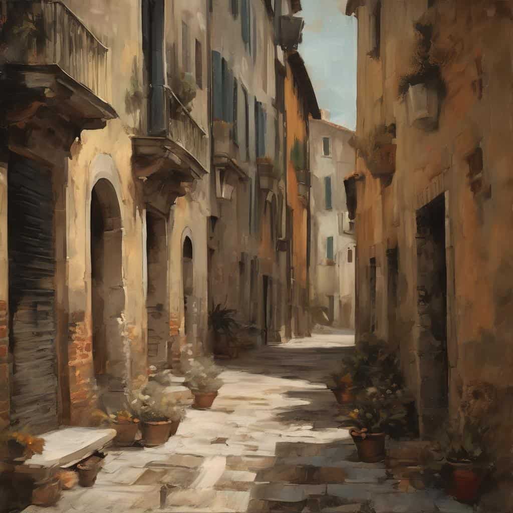 Ψηφιακό πίνακα της παλιάς πόλης με στενά δρομάκια και πέτρινα σπίτια, εντυπωσιακός συνδυασμός τέχνης και δημιουργίας.